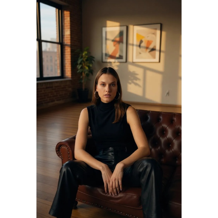 Kadın Siyah Kolsuz Balıkçı Yaka Basic Bluz