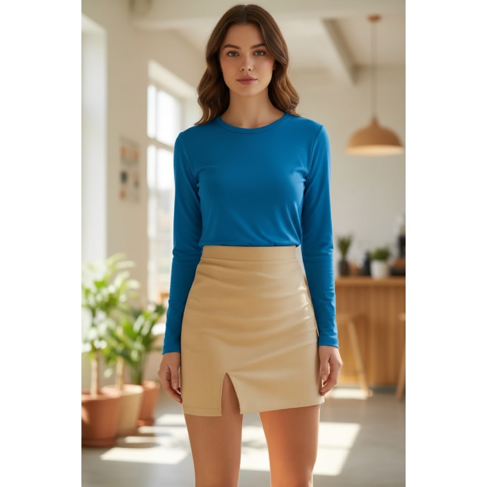 Kadın Mavi Parmak Detaylı Esnek Uzun Kollu Body