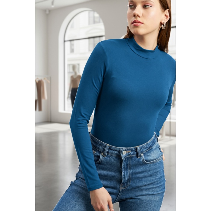 Kadın Mavi Parmak Detaylı Esnek Uzun Kollu Body