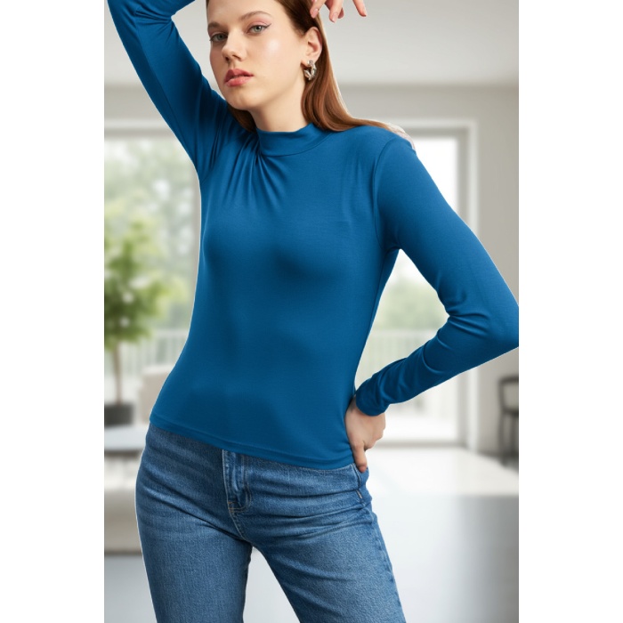 Kadın Mavi Parmak Detaylı Esnek Uzun Kollu Body