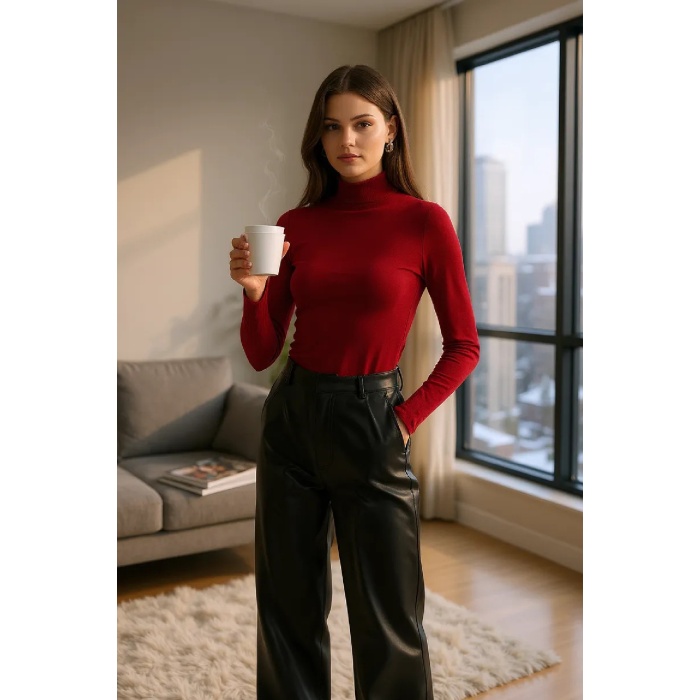 Kadın Bordo Parmak Detaylı Esnek Uzun Kollu Body