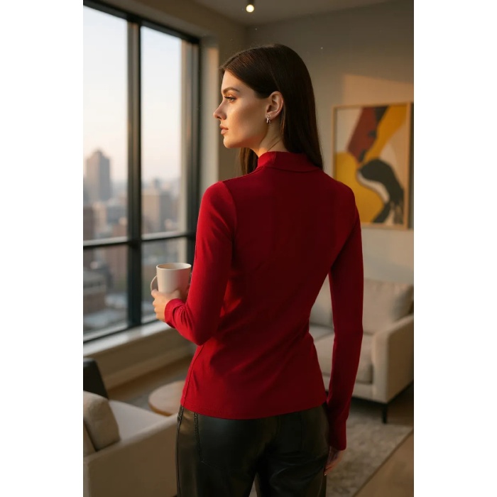 Kadın Bordo Parmak Detaylı Esnek Uzun Kollu Body