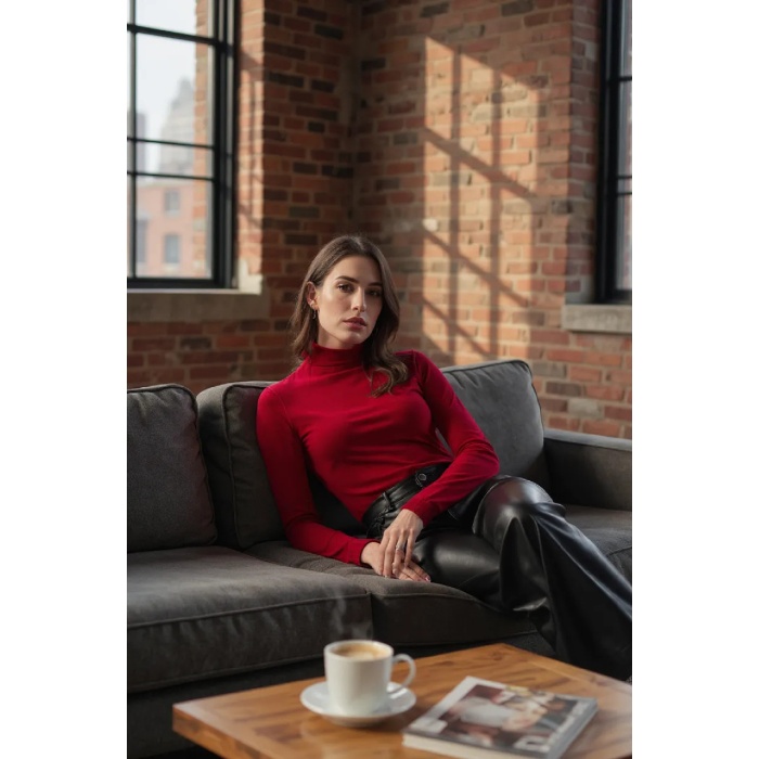 Kadın Bordo Parmak Detaylı Esnek Uzun Kollu Body