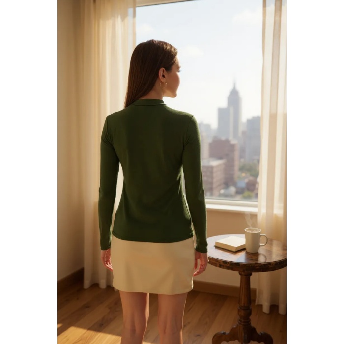 Kadın Haki Yeşili Parmak Detaylı Esnek Uzun Kollu Body