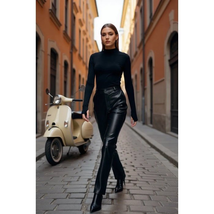 Kadın Siyah Parmak Detaylı Esnek Uzun Kollu Body