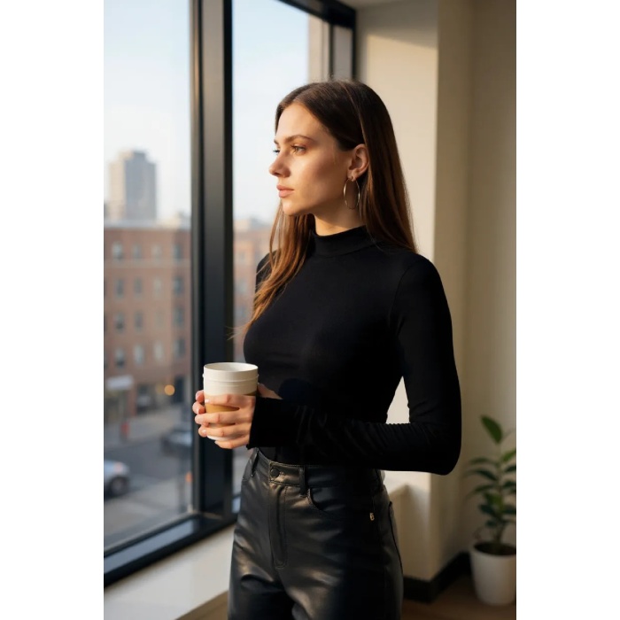 Kadın Siyah Parmak Detaylı Esnek Uzun Kollu Body