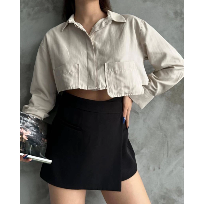 Poplin crop gömlek bej s3060