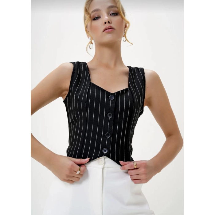 Çizgili krep düğmeli yelek siyah s3395