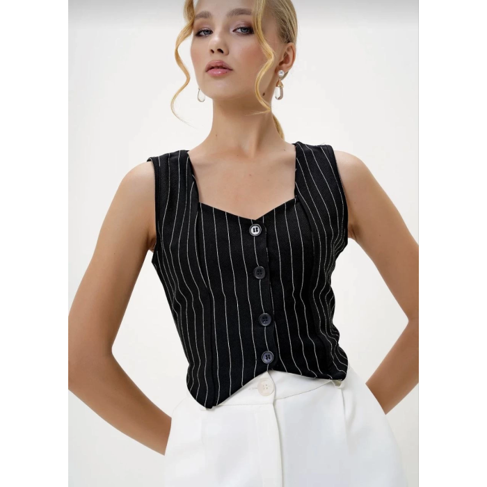 Çizgili krep düğmeli yelek siyah s3395