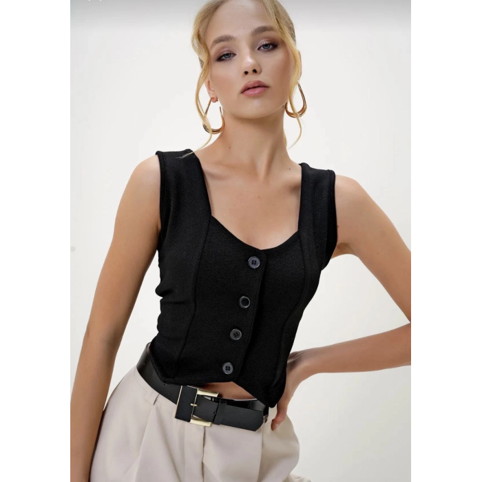 Krep kumaş düğmeli yelek siyah s3395