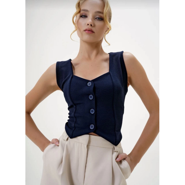 Krep kumaş düğmeli yelek lacivert s3395
