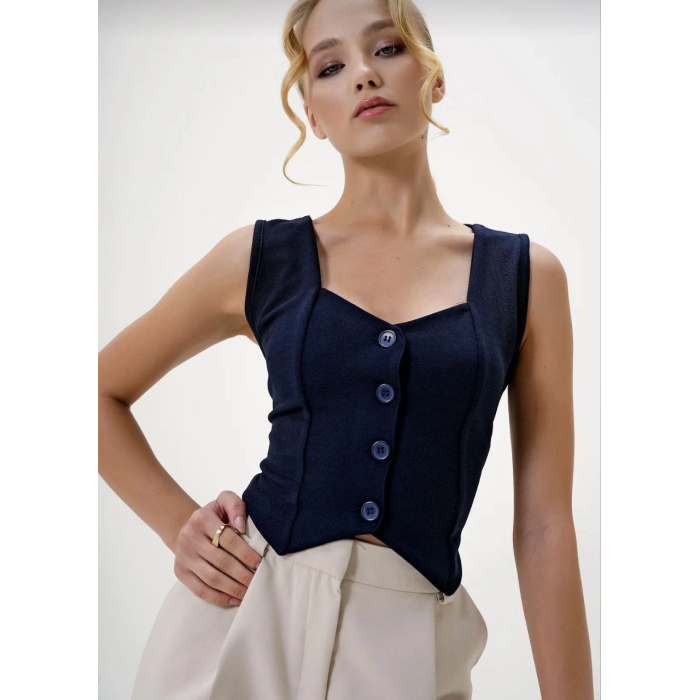 Krep kumaş düğmeli yelek lacivert s3395
