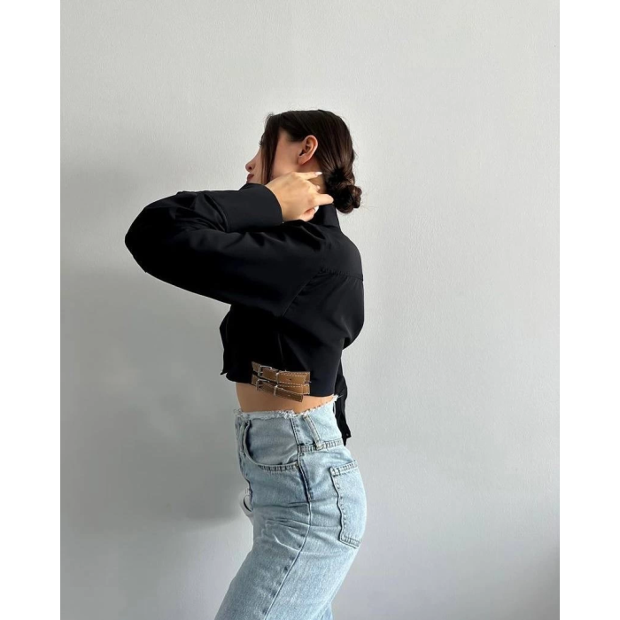 Yanı kemer detaylı crop gömlek siyah s4009