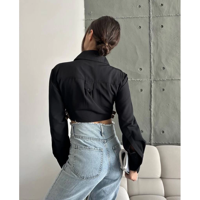 Yanı kemer detaylı crop gömlek siyah s4009