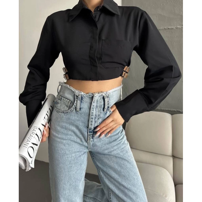 Yanı kemer detaylı crop gömlek siyah s4009