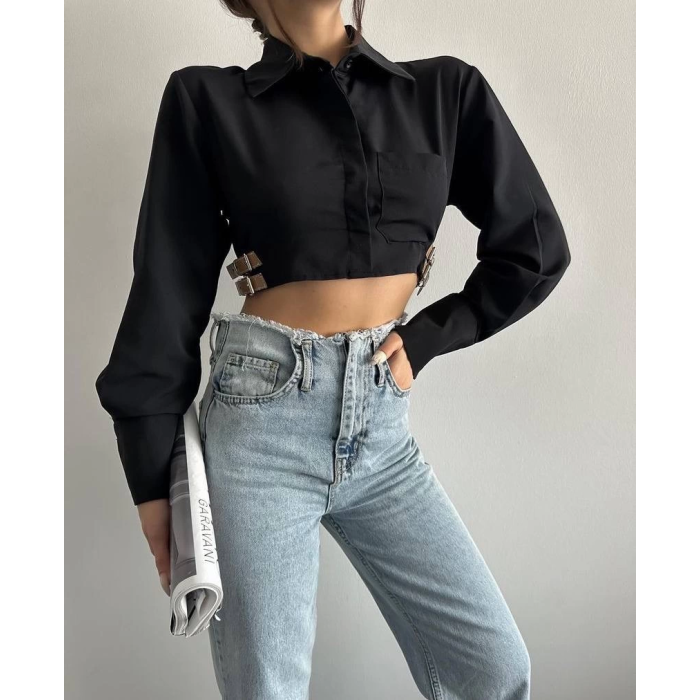 Yanı kemer detaylı crop gömlek siyah s4009
