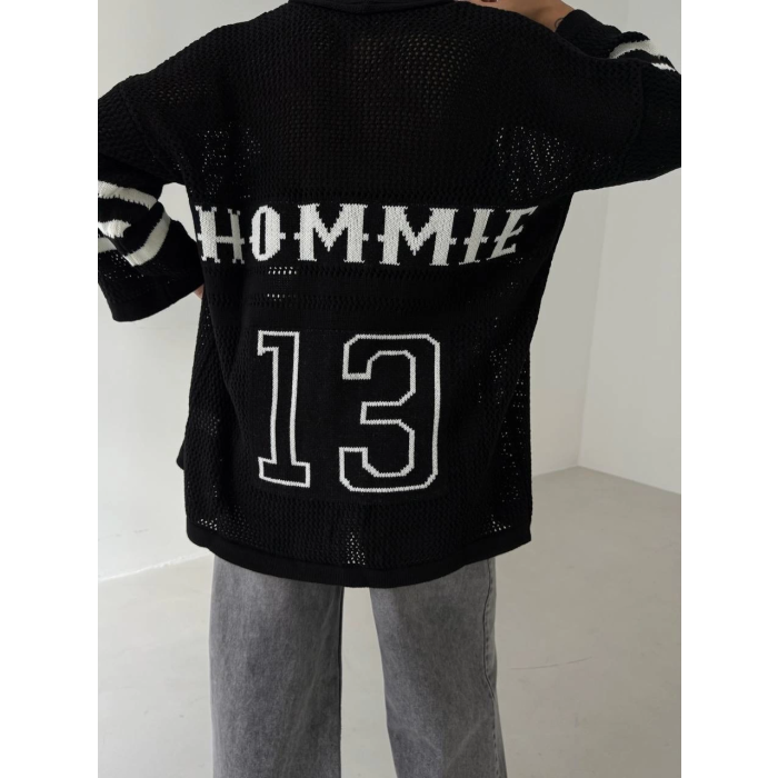 Büyük düğmeli salaş triko hırka siyahbeyaz