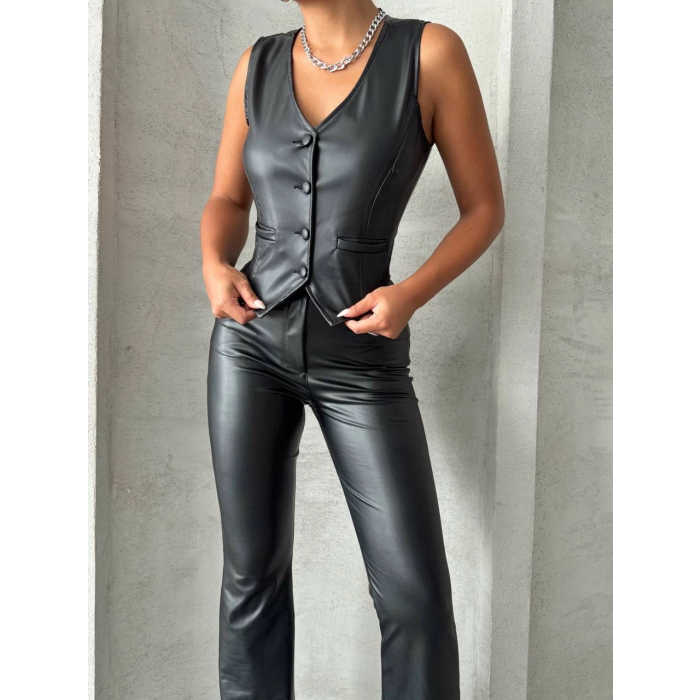 Kaplama düğmeli deri yelek siyah s24398