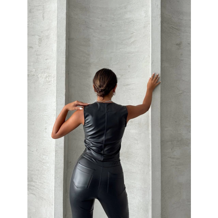 Kaplama düğmeli deri yelek siyah s24398