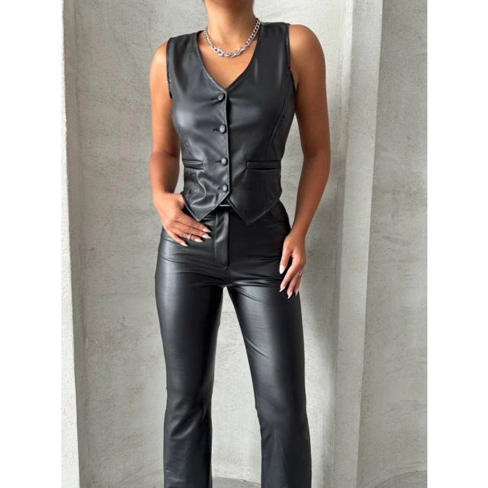 Kaplama düğmeli deri yelek siyah s24398