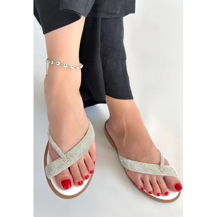 Eday Gümüş Boncuk İşlemeli Terlik