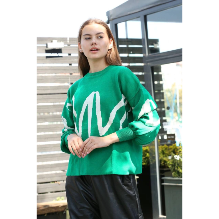 Beyaz çizgili bisiklet yaka kazak yeşil