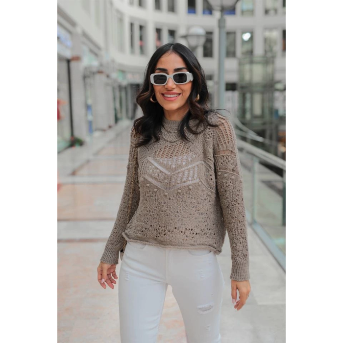 Desenli triko kazak gri