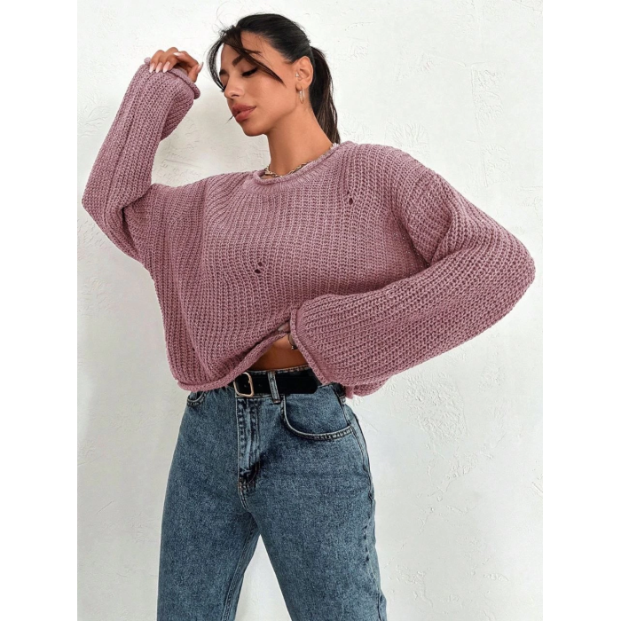 Salaş delik detaylı kazak pembe