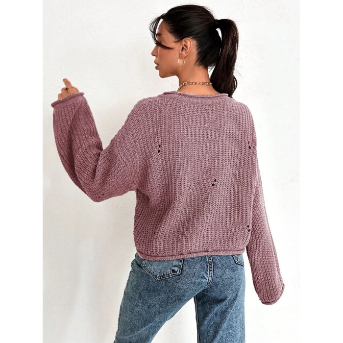 Salaş delik detaylı kazak pembe