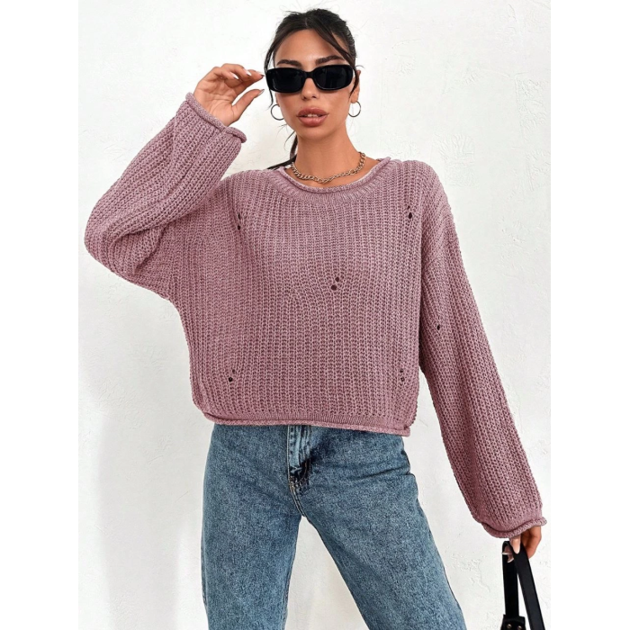 Salaş delik detaylı kazak pembe