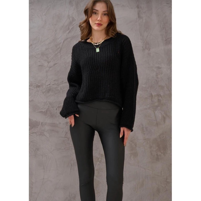 Salaş delik detaylı kazak siyah