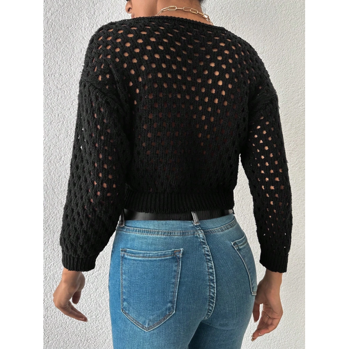 Büyük düğmeli delikli hırka siyah