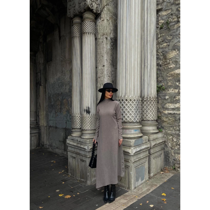 Boğazlı kalın bürümcük uzun elbise vizon