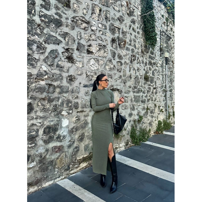 Yırtmaçlı kalın bürümcük uzun elbise Yeşil