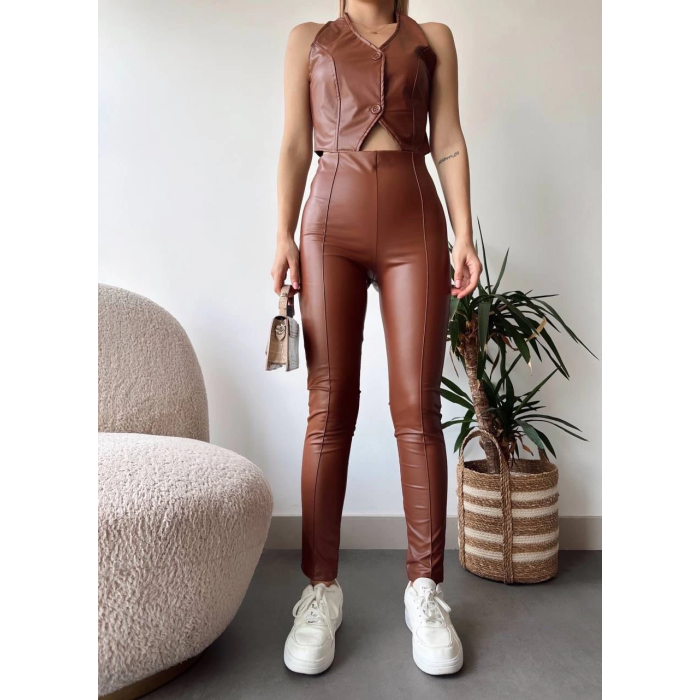 İki düğmeli deri yelek kahve s243001