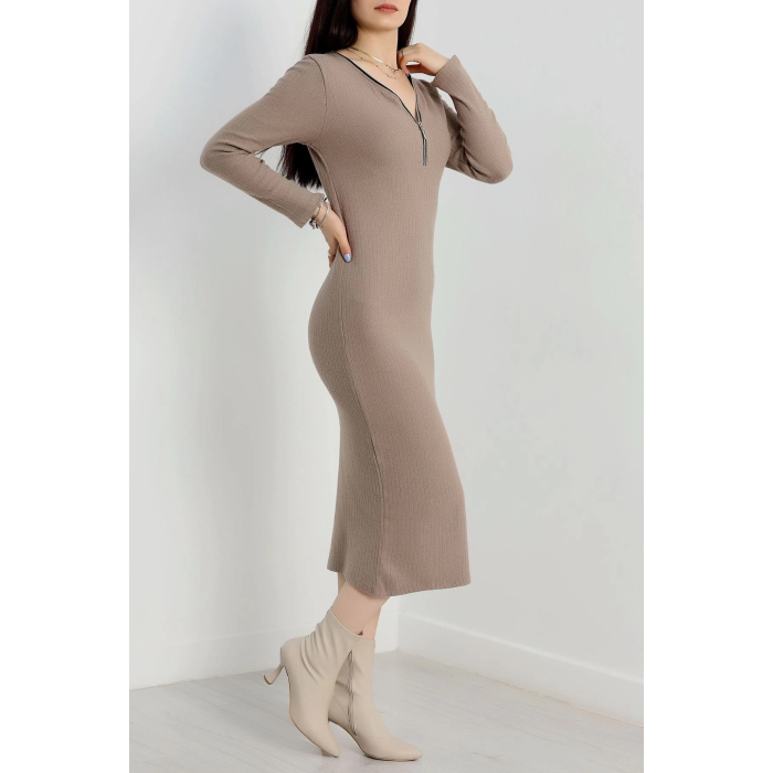 Fermuar detaylı fitilli şardonlu elbise bej a3178