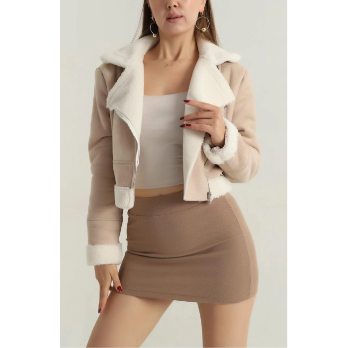 İçi kürklü dışı süet kısa kaban bej t1186