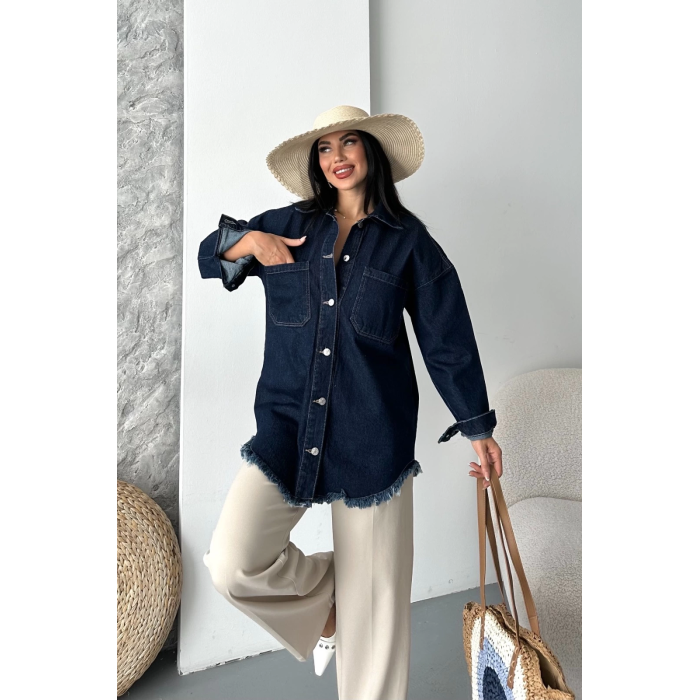 Cepli püsküllü kar yıkama kot ceket koyu mavi d2515