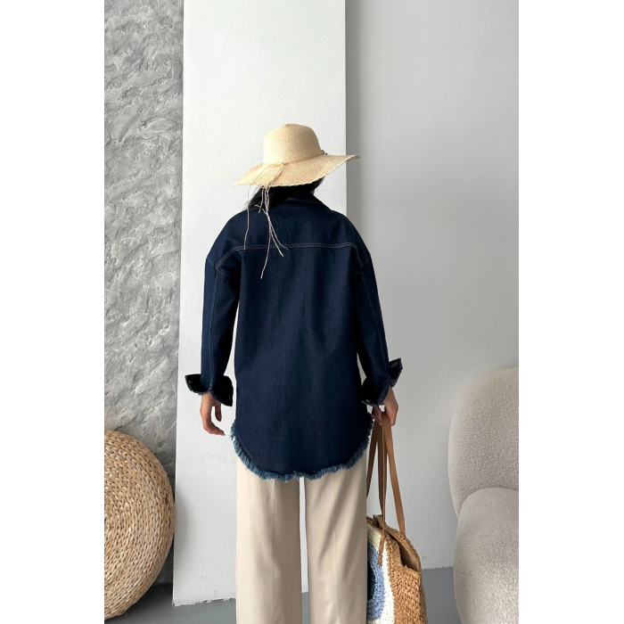 Cepli püsküllü kar yıkama kot ceket koyu mavi d2515