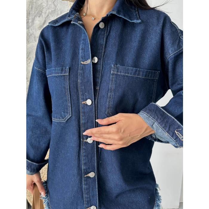 Cepli püsküllü kar yıkama kot ceket koyu mavi d2515