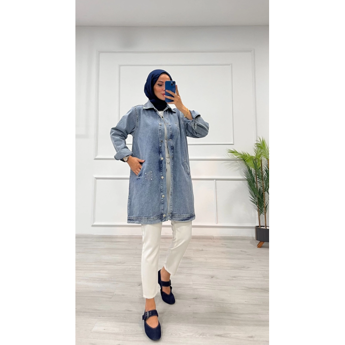 Taşlı tunik ceket kar yıkama orta mavi d2516