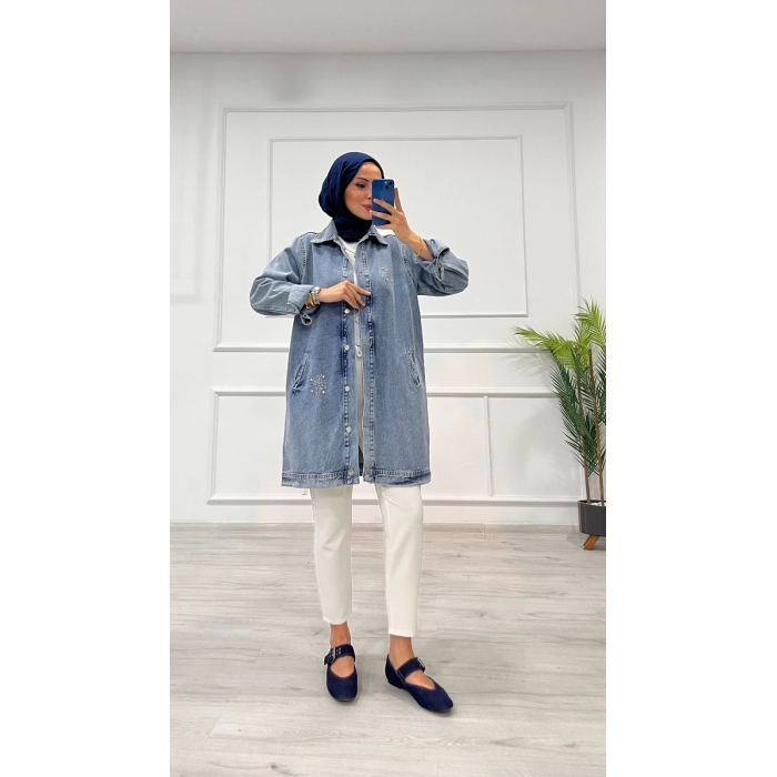 Taşlı tunik ceket kar yıkama orta mavi d2516