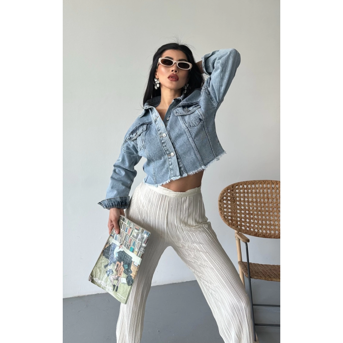 Çift kapaklı püsküllü crop buz mavi d2002