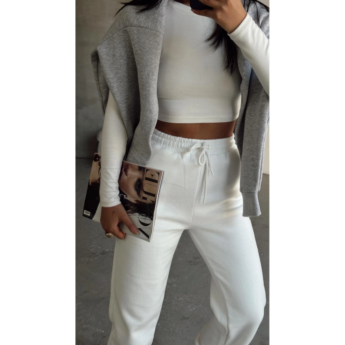 3 iplik şardonlu paça lastikli eşofman beyaz is001