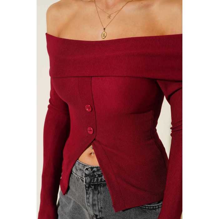Madonna Yaka Düğmeli Bluz bordo t4329