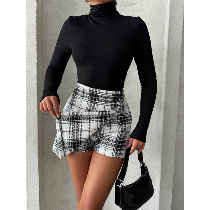 İki düğmeli şort ch kumaş etek ekoseli siyahbeyaz h26414