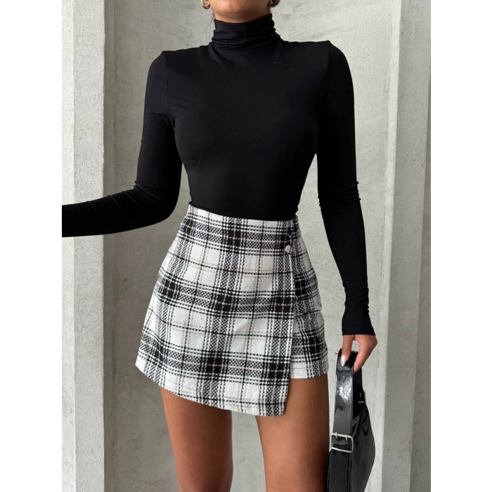 İki düğmeli şort ch kumaş etek ekoseli siyahbeyaz h26414