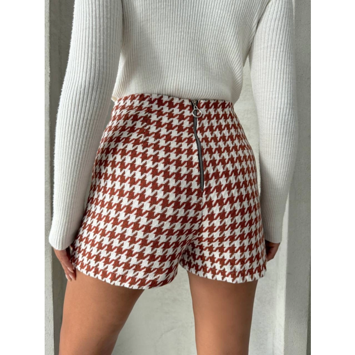 İki düğmeli kaz ayağı desen ch kumaş şort etek bordobeyaz h26414