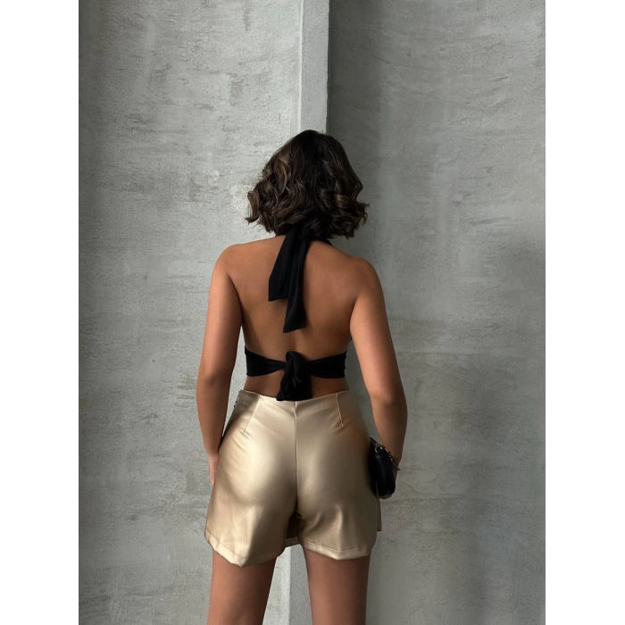 Taşlı şort etek deri gold h240018