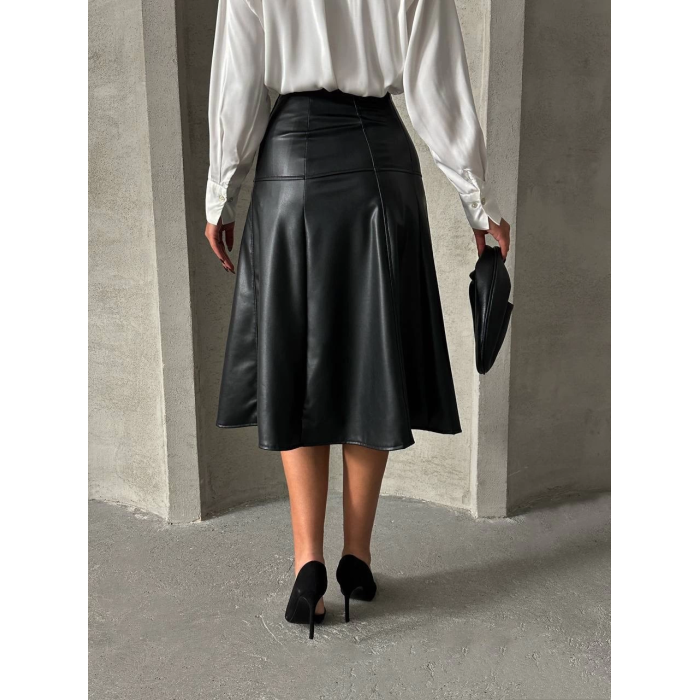 Komple parçalı deri etek siyah h26441
